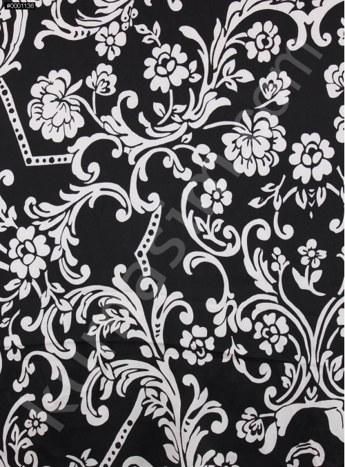 Çiçek Desenli Siyah Beyaz %100 İpek Saten Kumaş - S0028