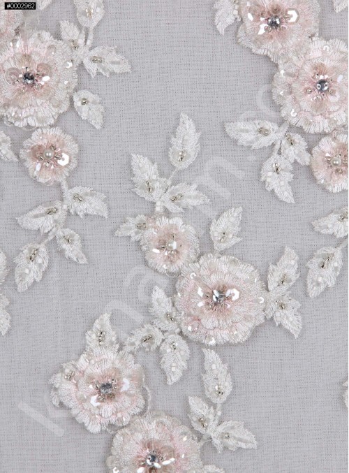 Çiçek Desenli Boncuklu Nişanlık ve Gelinlik Pudra Beyaz Kumaş - K10001