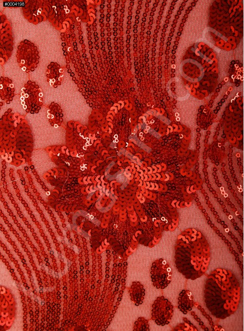 Çiçek Desenli ve Yoğun Payetli Kırmızı Kumaş - K107