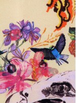 Rengarenk Kuş ve Çiçek Desenli İpek Empirme Saten Kumaş - K273