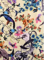 Rengarenk Kuş ve Çiçek Desenli İpek Empirme Saten Kumaş - K273