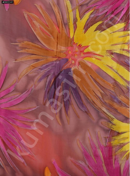 Çiçek Desenli Rengarenk Fuşya Yakma Şifon Kumaş - K283