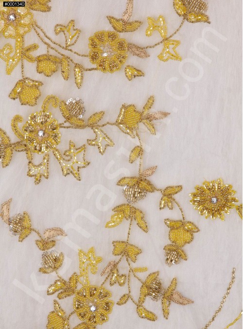 Seyrek Çiçek Desenli Payetli - Boncuklu - Taşlı Gold Kumaş - K29813