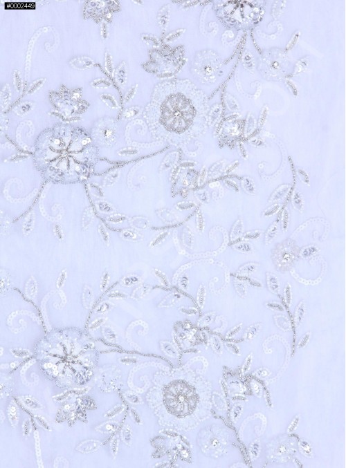 Bordürlü Çiçek Desenli Payetli - Boncuklu - Taşlı Beyaz Kumaş - K29974