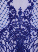 Osmanlı Desenli Taşlı - Payetli - Boncuklu Parlement Mavisi Kupon Elbise - A30403