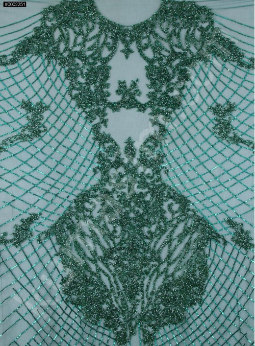 Osmanlı Desenli Taşlı - Payetli - Boncuklu Yeşil Kupon Elbise - A30403