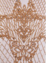 Yoğun Swarovski Taşlı - Payetli ve Boncuklu File Desenli Somon Kupon Elbise - A30524