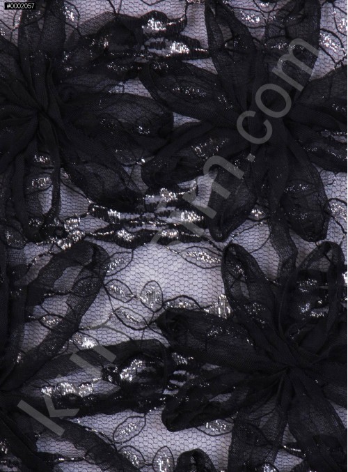 Tül Üzeri Çiçek Desenli Siyah Lase Kumaş - K3207