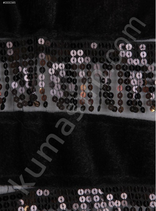 Tül Üzeri Tüy Şeritli Saçaklı Payet Kumaş - Siyah - K3215