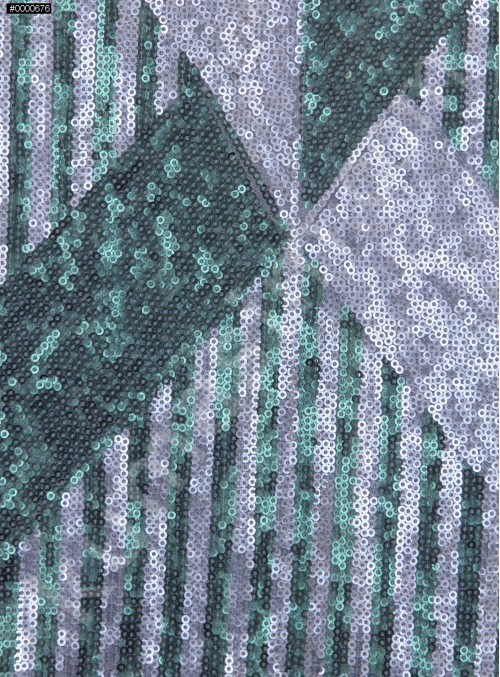 Tül Üzeri Çift Renkli Payet Kumaş - Yeşil Gümüş  - K3226