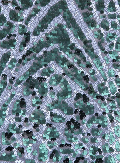 Karışık Desenli Gümüş Yeşil Payetli Kumaş - K3231