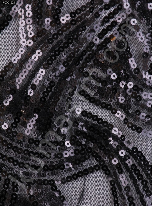 Karışık Desenli Siyah Payetli Kumaş - K3248