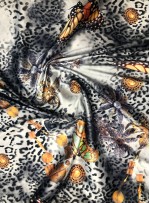 Leopar ve Kelebek Desenli Likralı Polyester Empirme Saten Kumaş - K3320