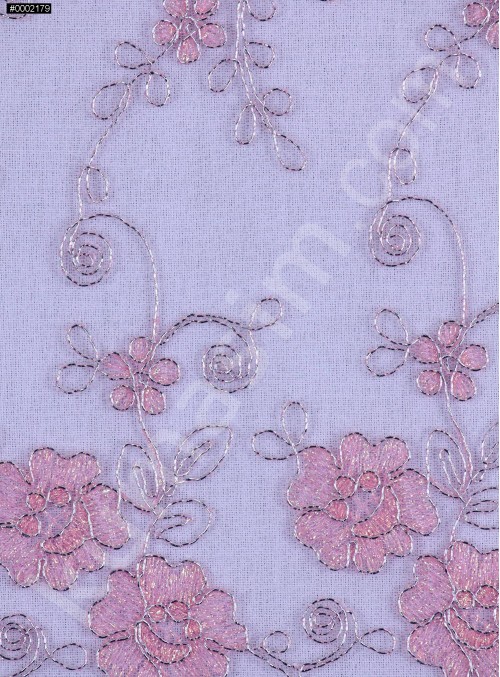Gümüş Nakışlı Çiçek Desenli Pembe Simli Kordoneli Dantel Kumaş - K5048