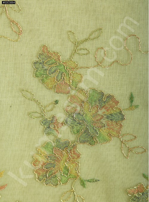 Nakışlı Çiçek Desenli Kordoneli Dantel Yeşil Kumaş - K5051