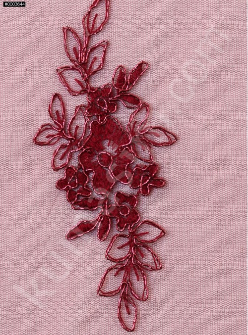 Eteği Sulu Çiçek Desenli Bordo Nakışlı Bordo Kordoneli Dantel Kumaş - K5061