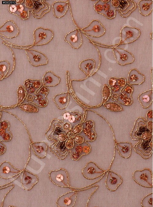 Kordone Çiçekli Payetli Kahverengi Abiyelik Kumaş - K5201