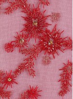 Boncuklu Aplike Çiçek Desenli Dilimli Kırmızı Kumaş - K5404
