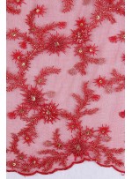Boncuklu Aplike Çiçek Desenli Dilimli Kırmızı Kumaş - K5404