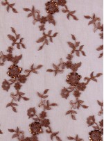 Çiçek Desenli Kahverengi Nakışlı ve Boncuklu Abiyelik Kumaş - K5414