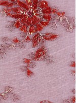 Çiçek Desenli Eteği Sulu Boncuklu Kırmızı Abiyelik Kumaş - K5420