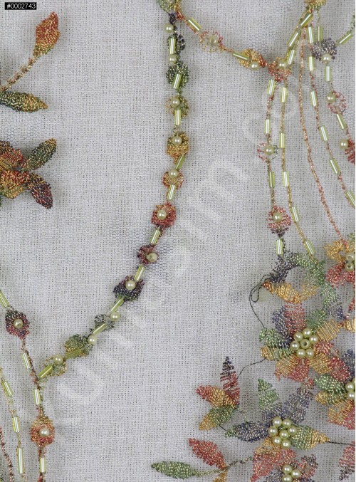 Nakış Üzeri Boncuklu Çiçek Desenli Yeşil Abiyelik Kumaş - K5444