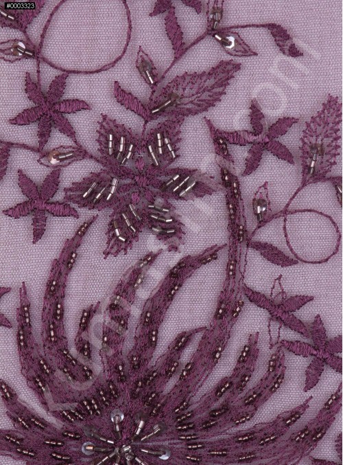 Çiçekli Eteği Sulu Nakışlı Koyu Mor Nişanlık Boncuklu Abiye Kumaş - K5466