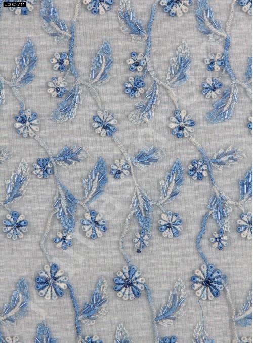 Yaprak Desenli Mavi Boncuklu Abiyelik Kumaş - K5472