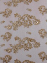 Gelinlik ve Nişanlık Kenarı Dilimli Çiçek Desenli Taşlı Gold Kumaş - K5678