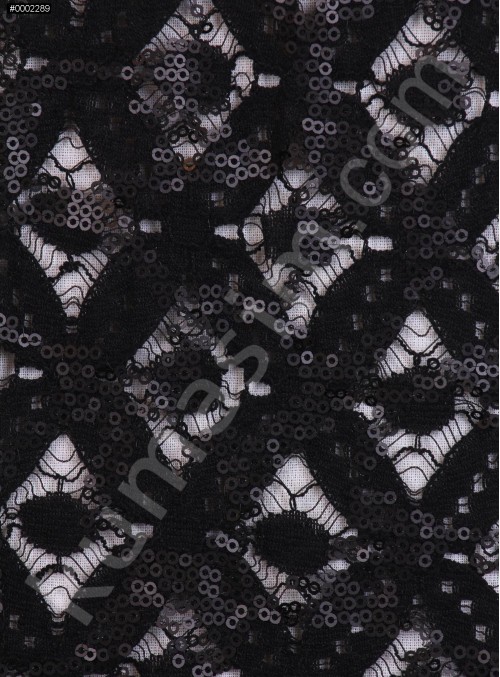 Baklava Desenli Payetli Siyah Dantel Kumaş - K8050