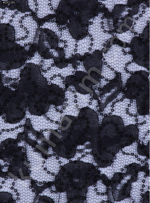 Çiçek Desenli Siyah Payetli Dantel Kumaş - K8824