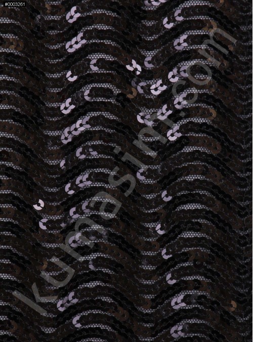 Likralı Tül Üzeri Dalga Desenli 5 MM Payet Sıvama Siyah Kumaş - K88700
