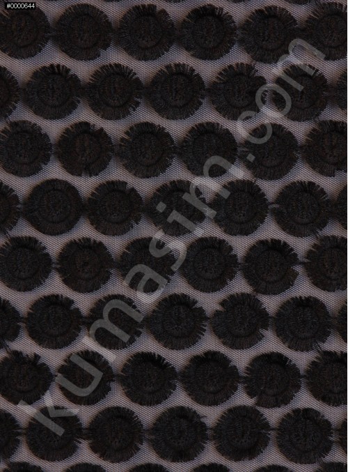 Tül Üzeri Puantiye İşlemeli Kumaş - Siyah - K8902