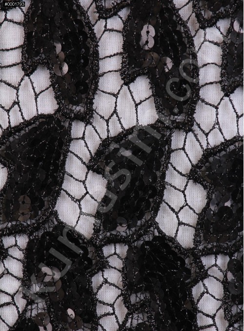 Yaprak Desenli Siyah Payetli Kumaş - K8974