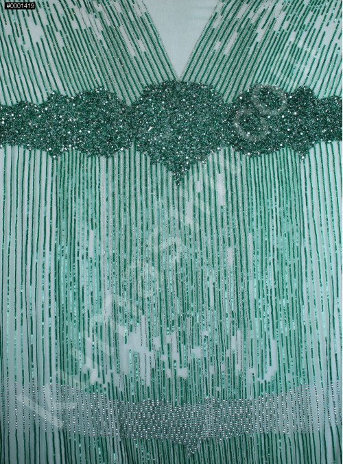 Şeritli Şık Desen Swarovski Taşlı - Boncuklu - Payetli Zümrüt Kupon Elbise - A9000