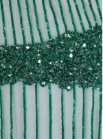 Şeritli Şık Desen Swarovski Taşlı - Boncuklu - Payetli Zümrüt Kupon Elbise - A9000