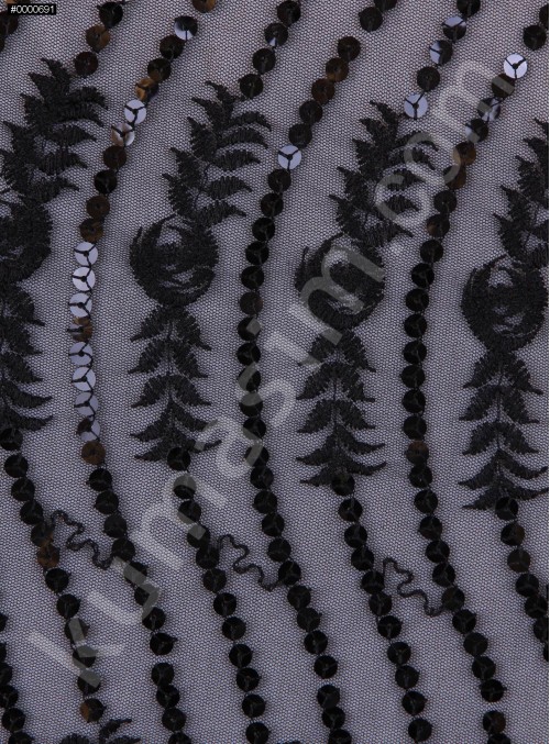 Tül Üzeri Dalgalı Çiçek Desenli Payetli Kumaş -Siyah - K9002