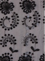 Tül Üzeri Çiçek Desenli Payet Kumaş - Siyah - K9004