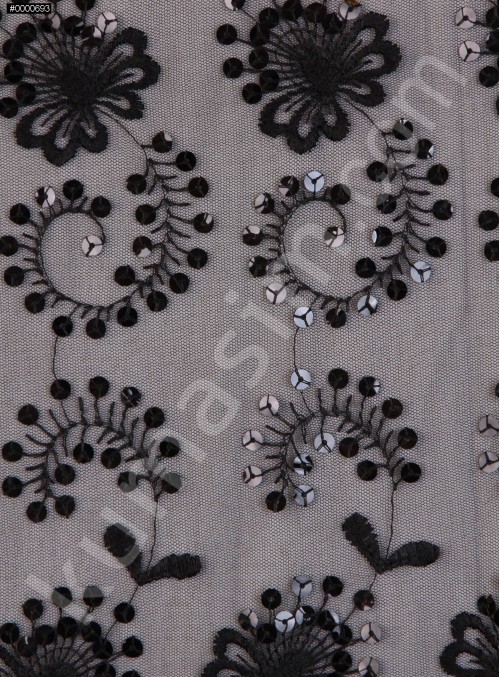 Tül Üzeri Çiçek Desenli Payet Kumaş - Siyah - K9004