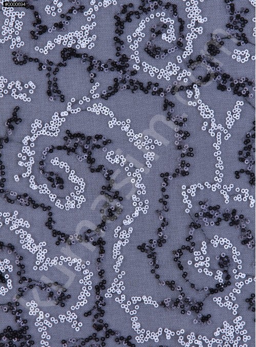 Tül Üzeri Payetli Kumaş - Siyah Beyaz - K9007