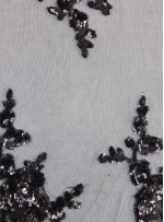 Tül Üzeri Çiçek Desenli Payet Kumaş - Siyah - K9015