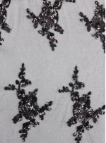 Tül Üzeri Çiçek Desenli Payet Kumaş - Siyah - K9015