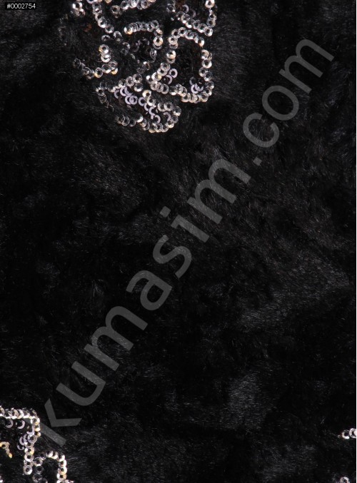 Siyah Kürk Üzeri Gül Desenli Gümüş Payetli Kumaş - K9083