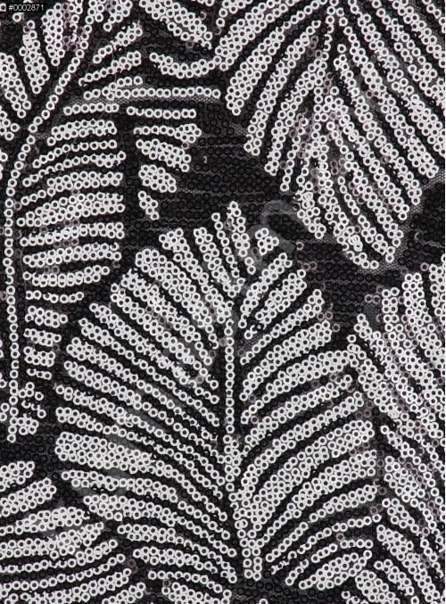 Yaprak Desenli Siyah Beyaz Payetli Abiyelik Kumaş - K9133