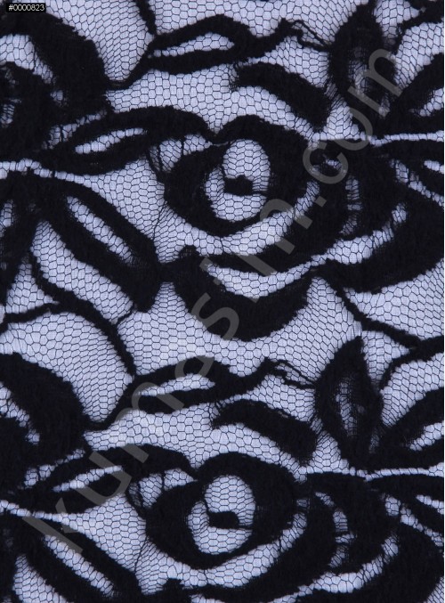 Tül Üzeri Şardonlu ve Kabartmalı Dantel Kumaş - Siyah - K9200
