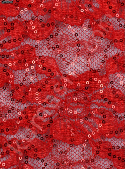 Çiçek Desenli ve Kırmızı Payetli Kordoneli Dantel Kumaş - K9201