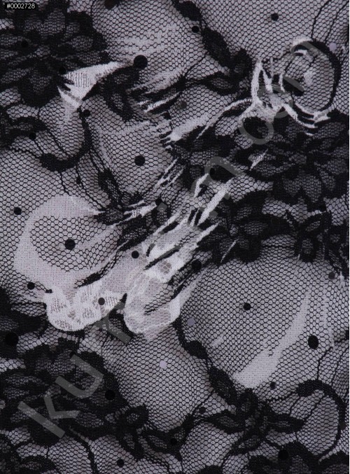 Siyah Beyaz Dantel Üzeri Seyrek Payetli Kumaş - K9206