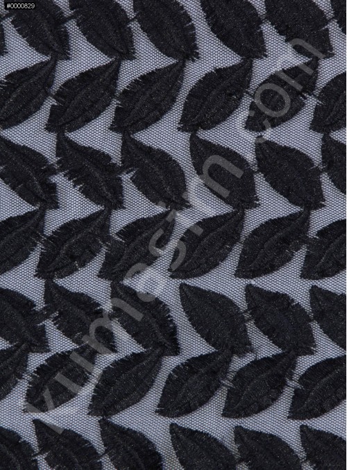 Tül Üzeri Desenli Nakışlı Kumaş - Siyah - K9221