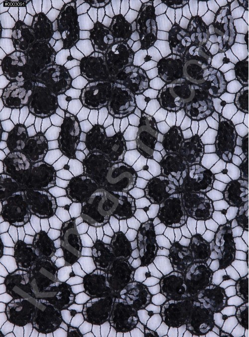 Çiçek Desenli Payetli Siyah File Kumaş - K9322
