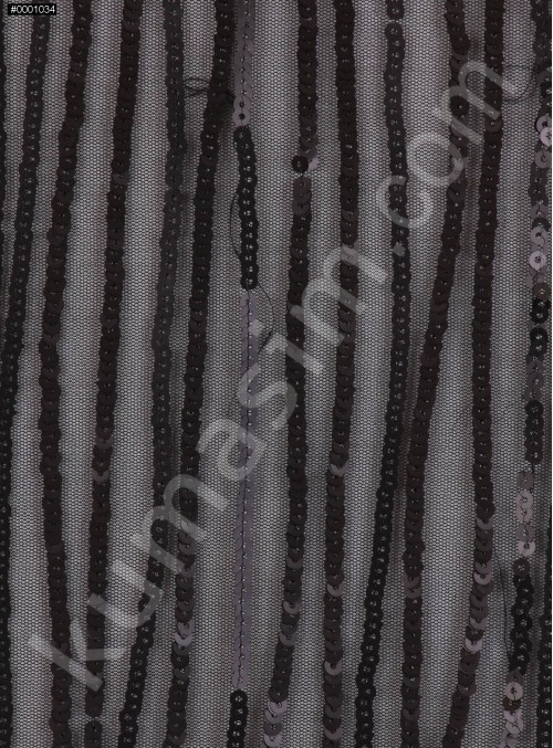 Tül Üzeri Şerit Desenli Siyah Payet Kumaş - K9369